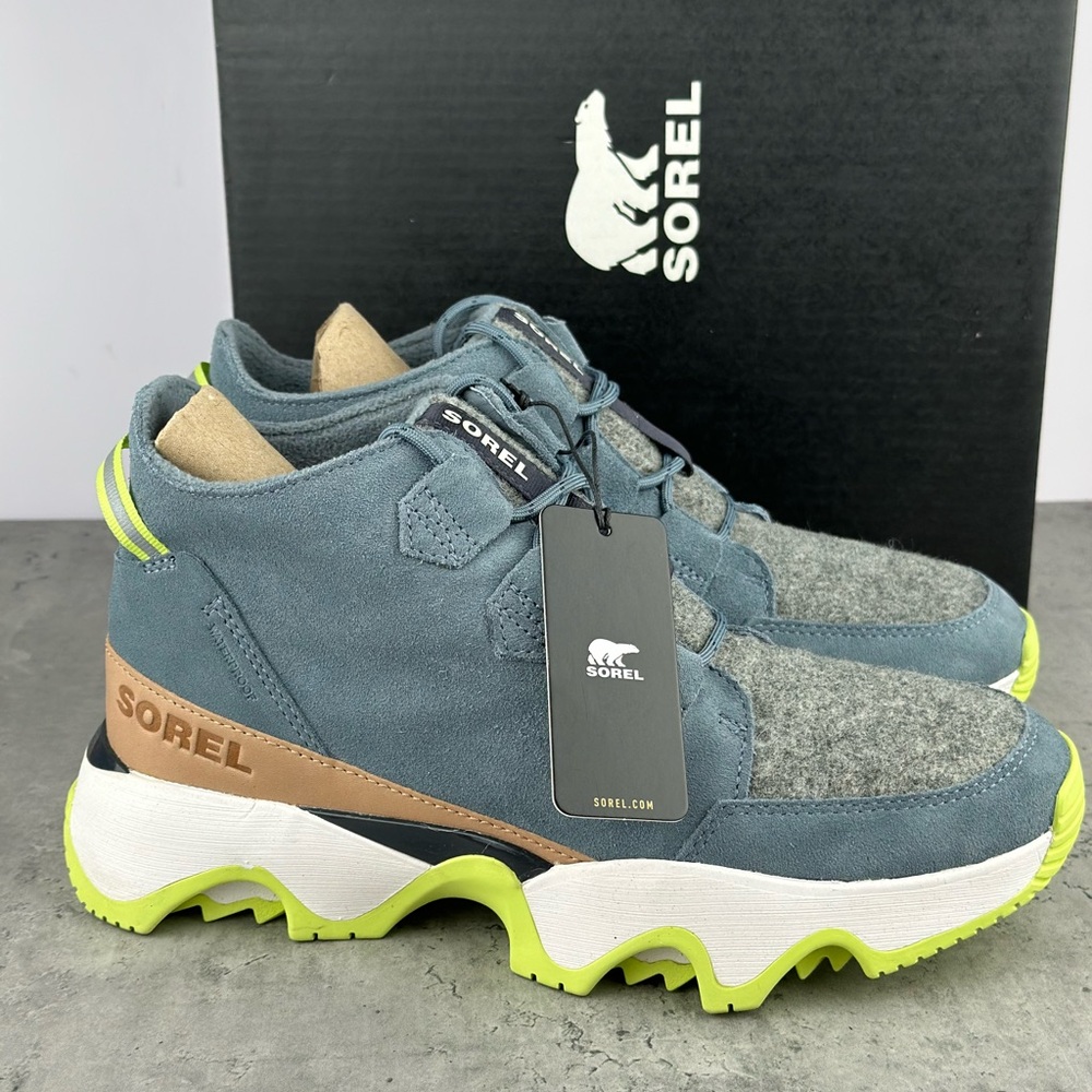 Sorel Blue Suede & Gray Wool Lace-Up Winter Boots with Neon Green Accents